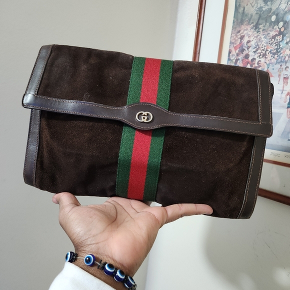 Gucci Handbags - Gucci Vintage Clutch Sherry Line Leather Suede Brown.